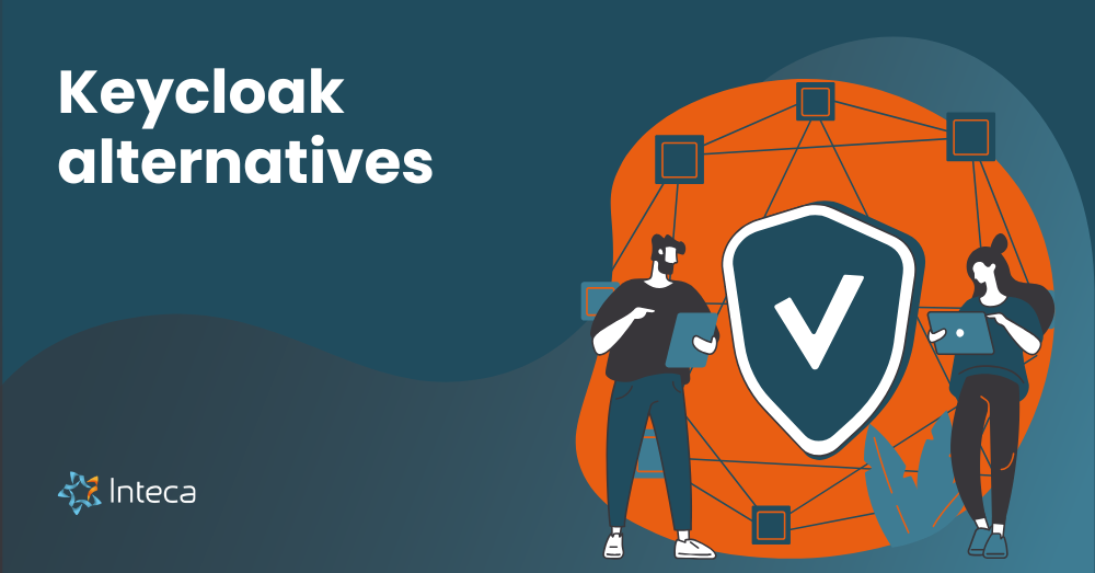 Illustration of people securing digital identity with a shield icon, labeled Keycloak alternatives by Inteca
