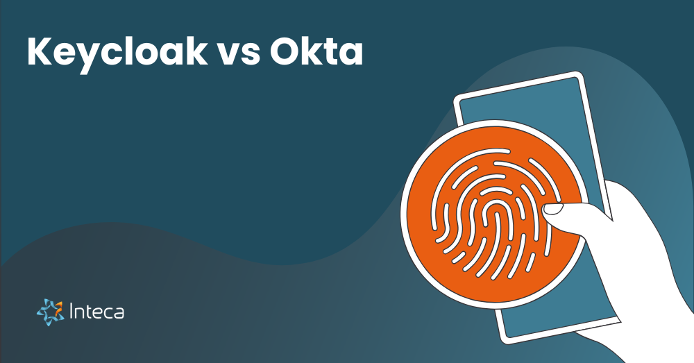 Keycloak vs Okta comparison cover with fingerprint and mobile access illustration