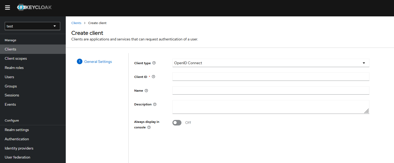 Keycloak admin console create client page with OpenID Connect settings