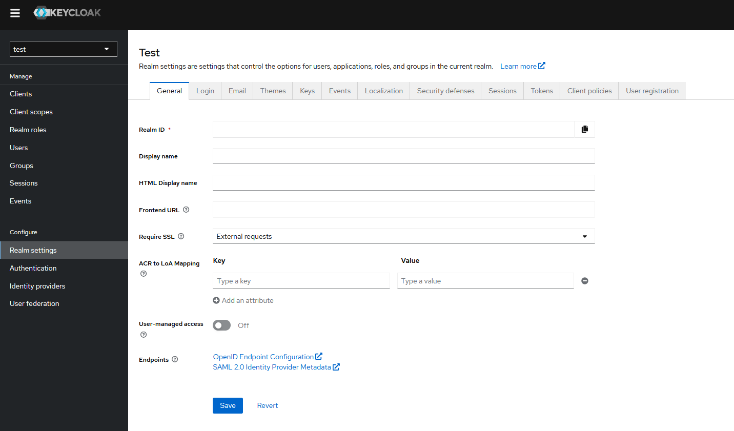 Keycloak admin console realm settings page with configuration options