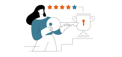 Illustration of a person holding a large key in a context of passkeys and webauthn, with a lock icon nearby. Above are four orange stars and one blue star.