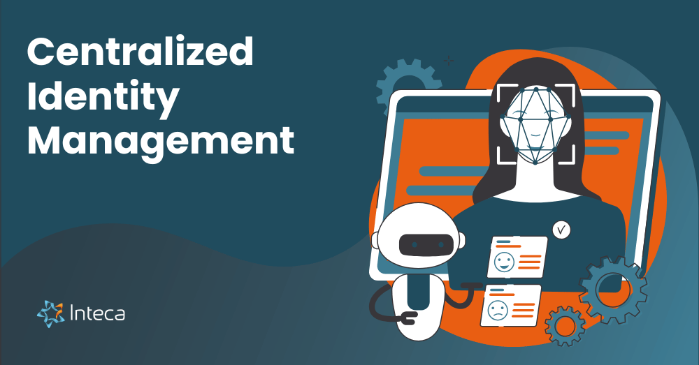 Illustration of centralized identity management with facial recognition and AI automation, representing secure user authentication.