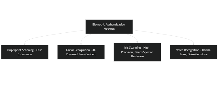 Diagram of biometric authentication methods, including fingerprint scanning, facial recognition, iris scanning, and voice recognition."