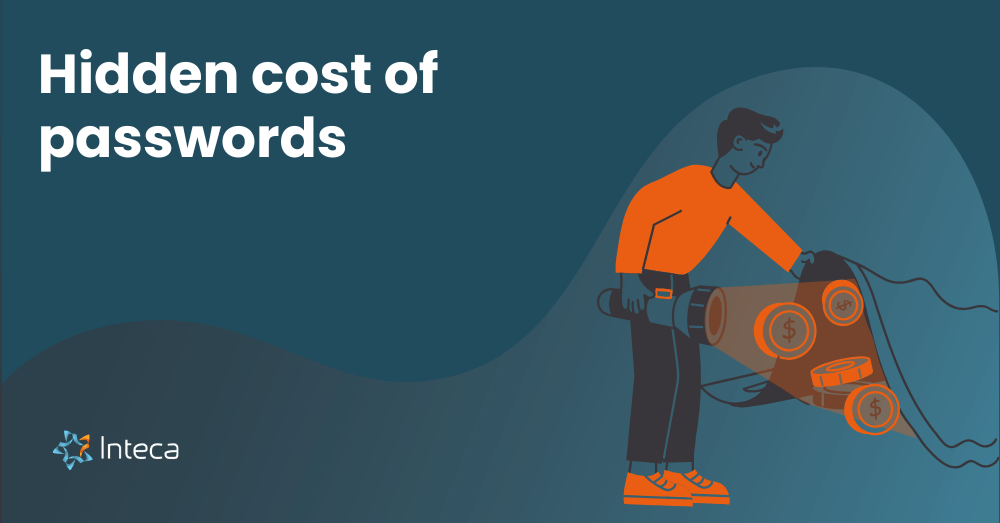 Illustration of a person shining a flashlight on hidden dollar signs, representing the hidden financial burden of password-based authentication