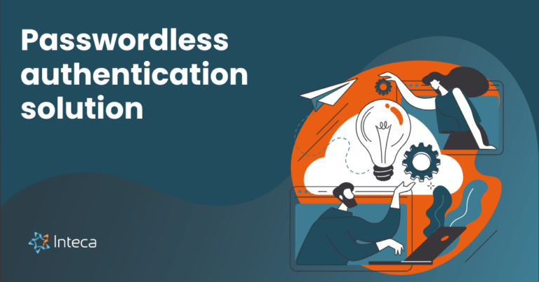 Passwordless authentication solution concept with an illustration of people collaborating on secure access methods, by Inteca.