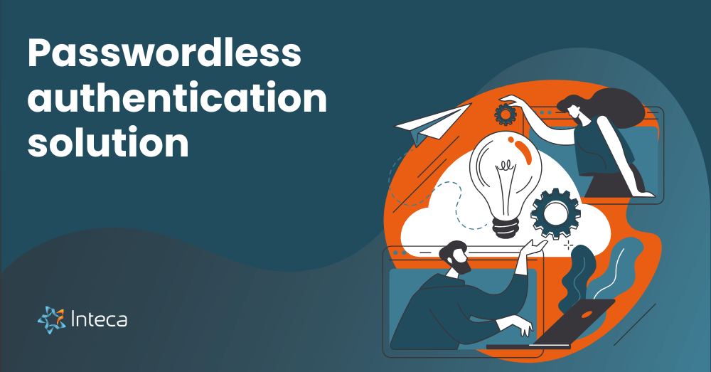 Passwordless authentication solution concept with an illustration of people collaborating on secure access methods, by Inteca.