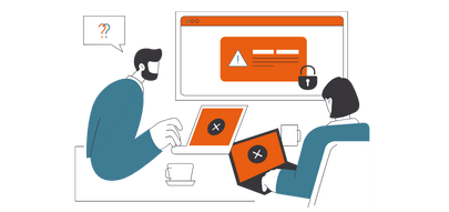 Illustration of two people analyzing login security with warning icons on devices.