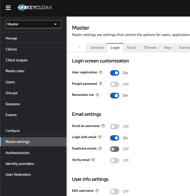 Screenshot of Keycloak's login settings interface, showing options for user registration, email settings, and passwordless authentication configurations.
