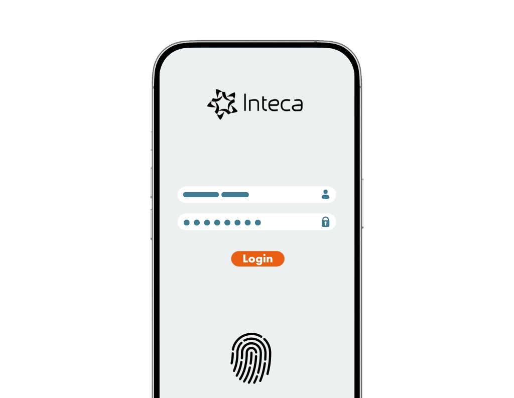 Enterprise SSO mobile login screen with password and biometric authentication.