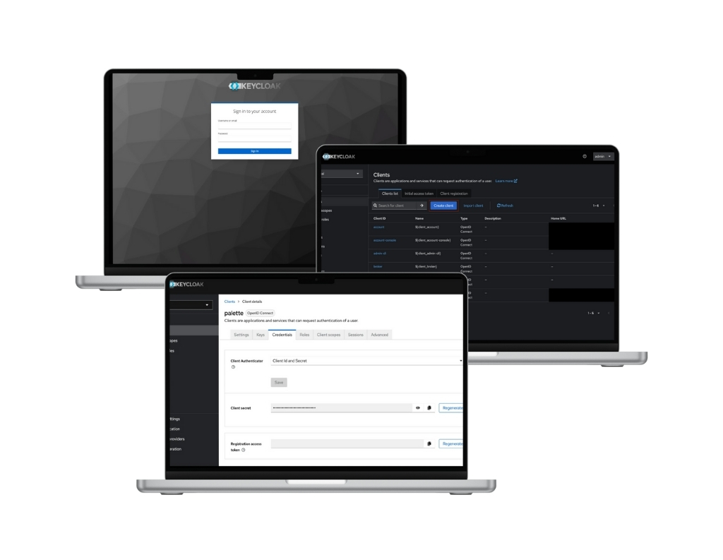 Keycloak Enterprise SSO dashboard with authentication and client management settings.