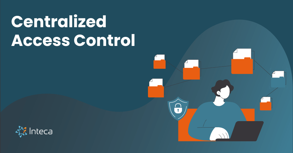 Illustration of centralized access control showing a user managing multiple file permissions securely.