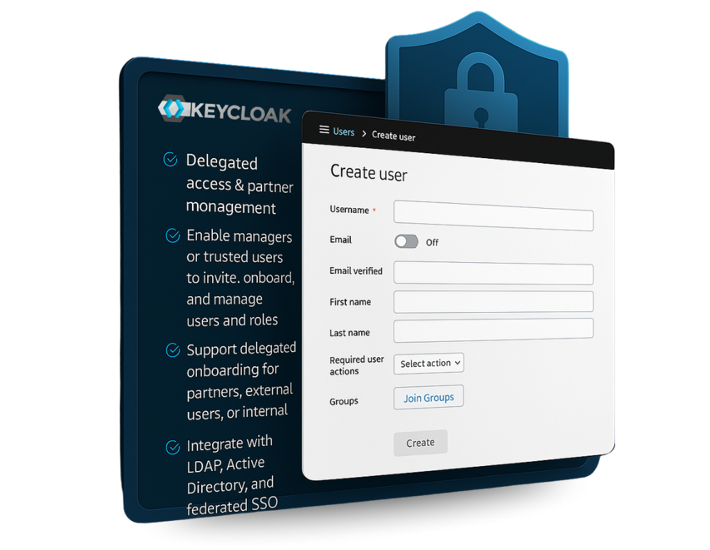 Keycloak user creation form with fields for username, email, and user roles