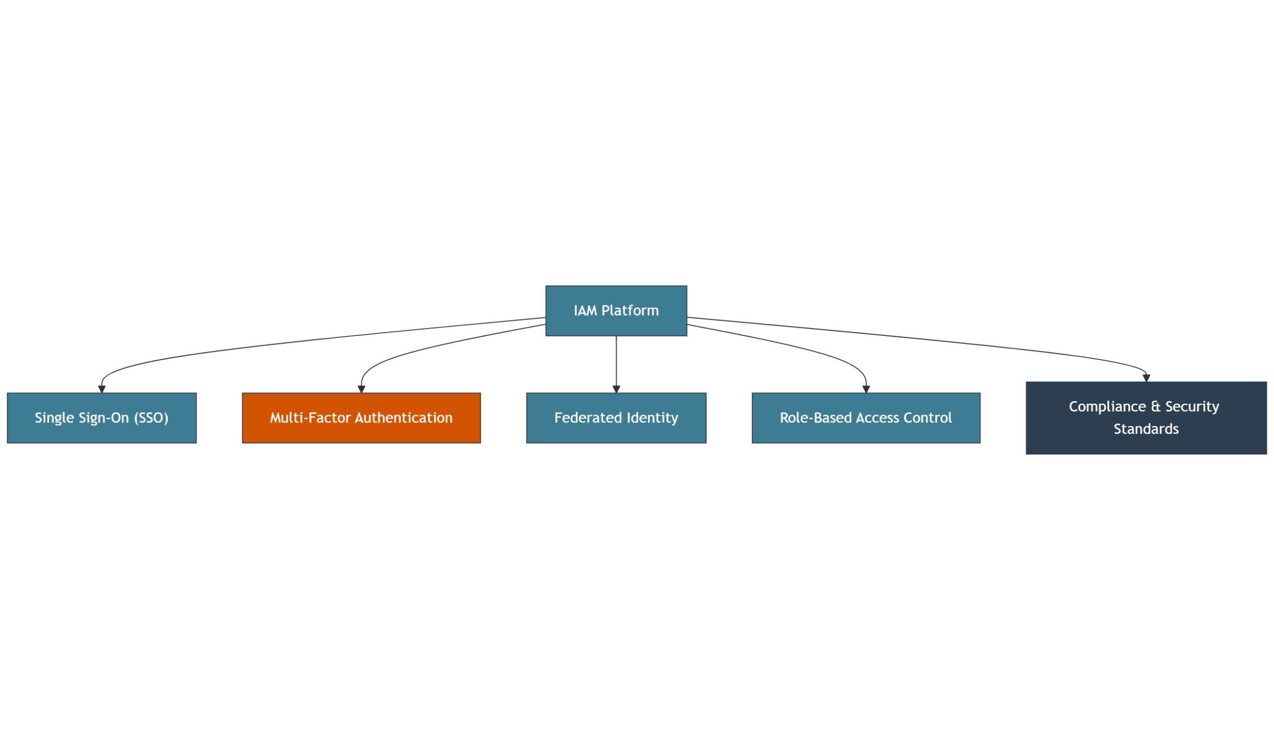 IAM platform features including SSO, MFA, identity federation, access control, and compliance