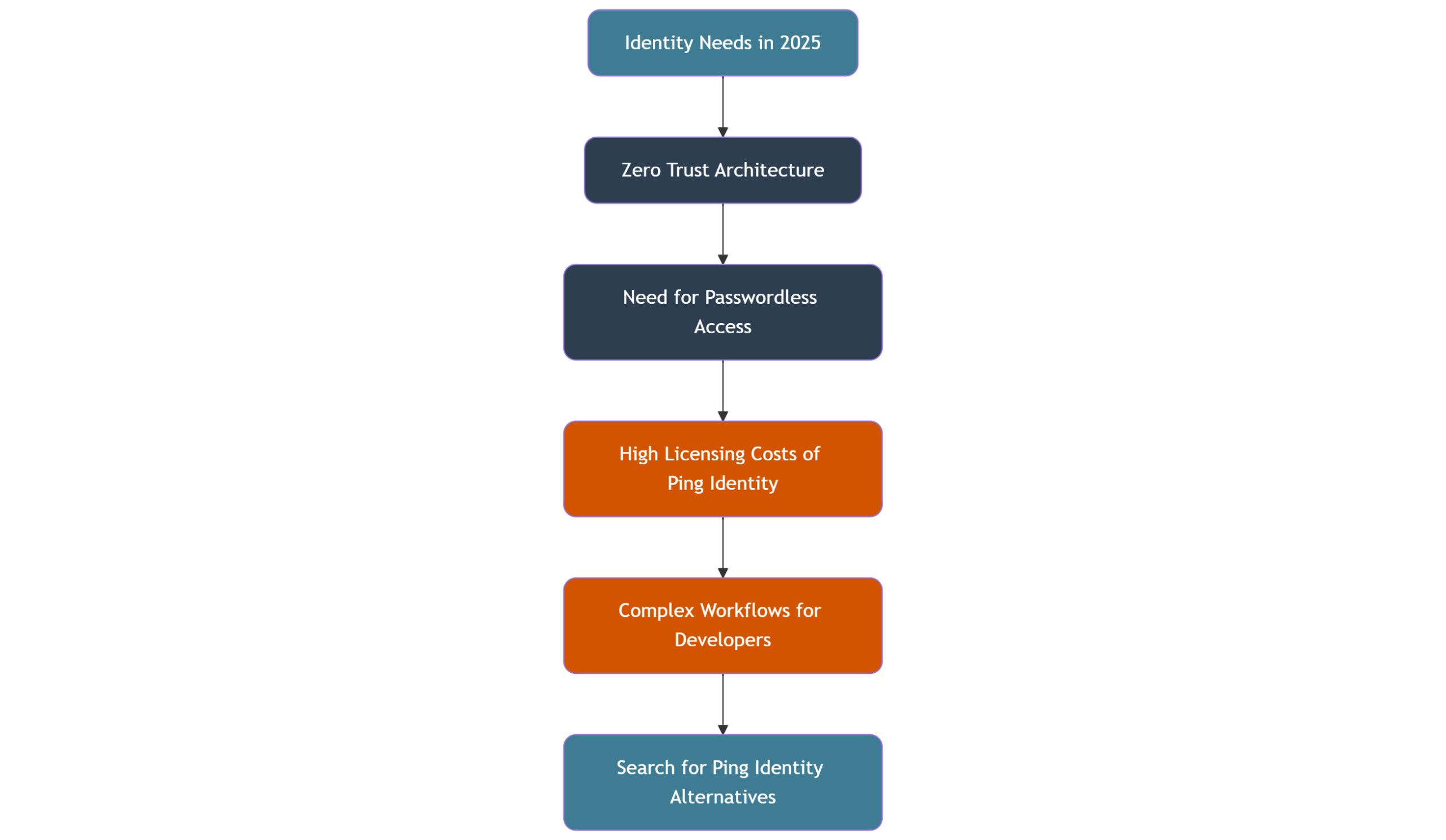 Flowchart showing 2025 identity needs leading to search for Ping Identity alternatives