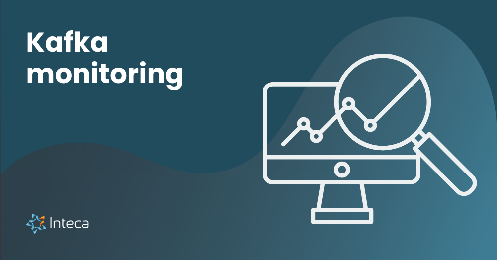 Kafka monitoring title image with graph icon and Inteca branding on a blue background.