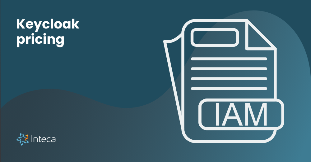 Keycloak pricing guide visual with IAM document icon and Inteca branding