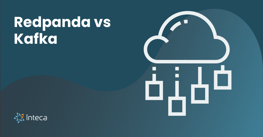 Redpanda vs Kafka title graphic with cloud and network icons, branded with Inteca logo.