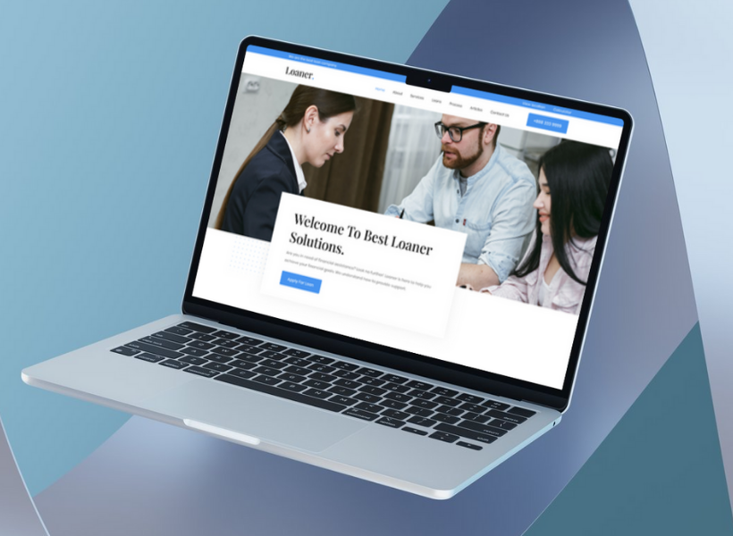 Laptop displaying digital loan service website with modern abstract background