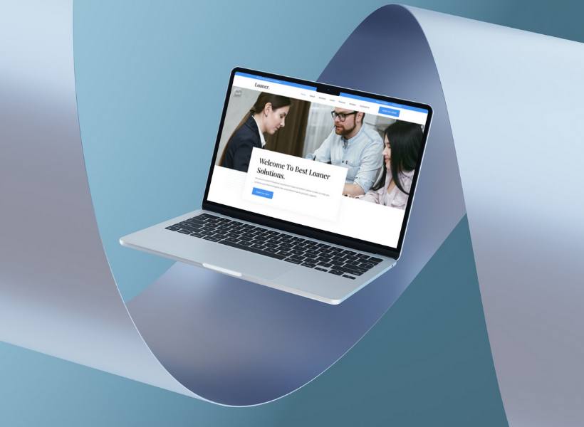 Loan Sales Platform for SMEs » Inteca Laptop displaying digital loan service website with modern abstract background