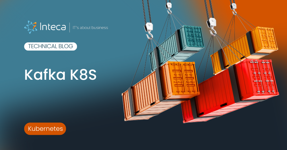 Kafka K8S blog cover with shipping containers and Inteca branding