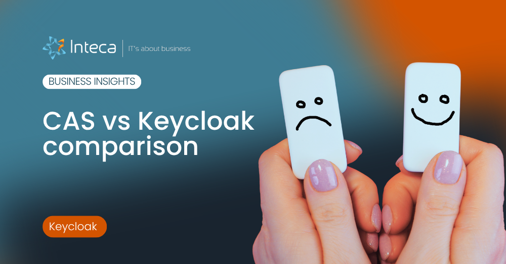 CAS vs Keycloak » Inteca Hero banner for a CAS vs Keycloak comparison article with two hands holding face-up cards showing a sad and a happy face against a blue–orange gradient background.