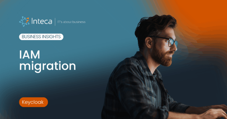Intec business banner for IAM migration showing a man at a computer with a Keycloak badge and blue gradient background.