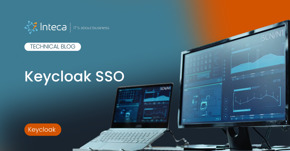 keycloak sso » Inteca Technical blog banner for Keycloak SSO, showing a laptop and a large monitor with data graphs.
