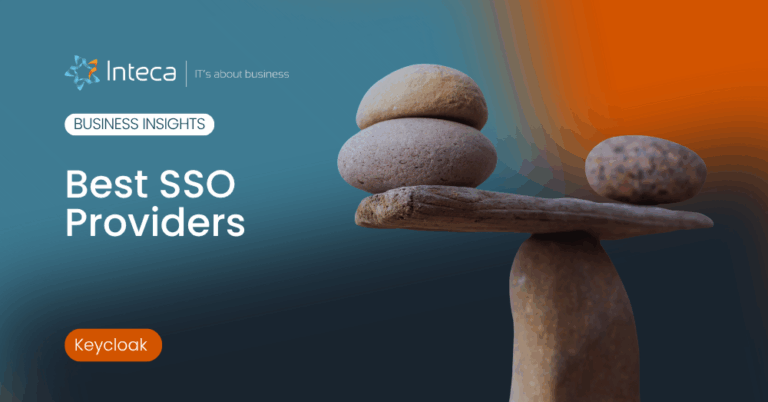 Hero banner for Business Insights: stacked stones balancing on a branch with the headline 'Best SSO Providers' and a Keycloak tag.