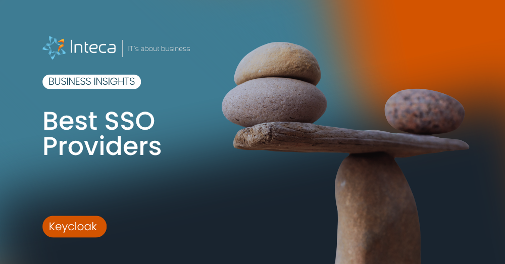 sso providers » Inteca Hero banner for Business Insights: stacked stones balancing on a branch with the headline 'Best SSO Providers' and a Keycloak tag.