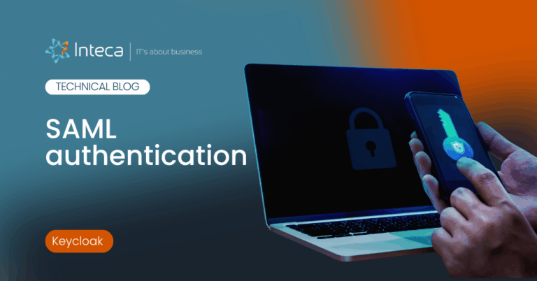 Blog header for a SAML authentication article showing a laptop and a hand holding a phone with a shield icon, plus Inteca branding and Keycloak badge.