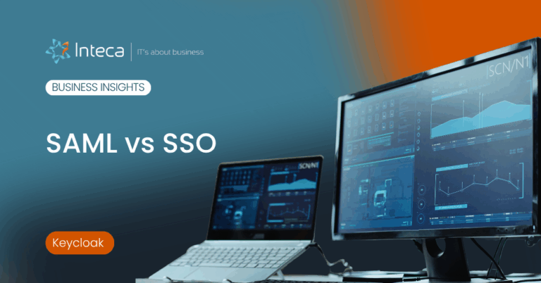 Intec Business Insights banner: the title 'SAML vs SSO' with two monitors displaying dashboards and an orange Keycloak badge.