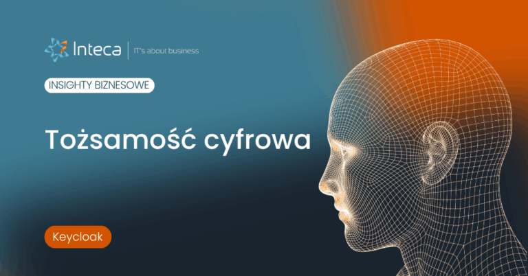 Blue gradient banner featuring a wireframe head on the right; Polish title 'Tożsamość cyfrowa' and Intec branding on the left, with an orange Keycloak badge.