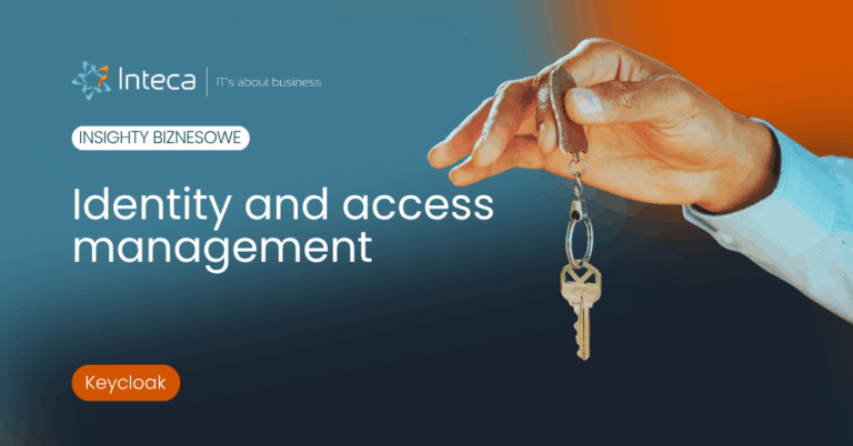 Intec brand banner showing 'Identity and access management' with a hand holding a key on a blue‑orange gradient, Keycloak badge present.
