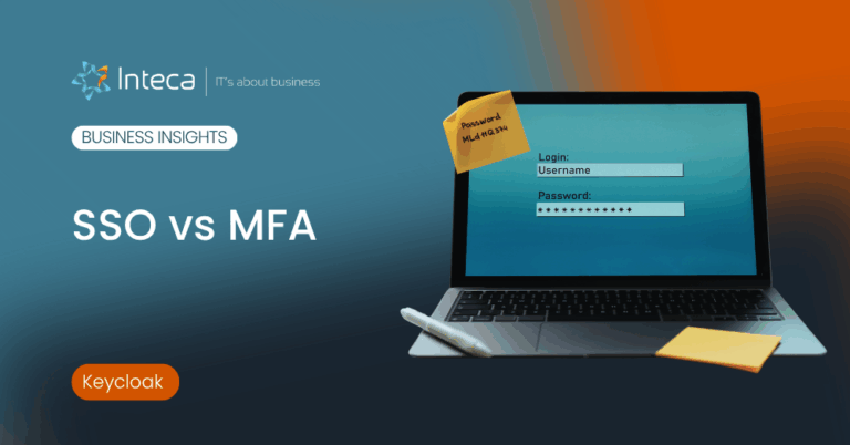 Banner for Intecа Business Insights: SSO vs MFA with a laptop login screen and sticky notes on a gradient background (Keycloak badge).