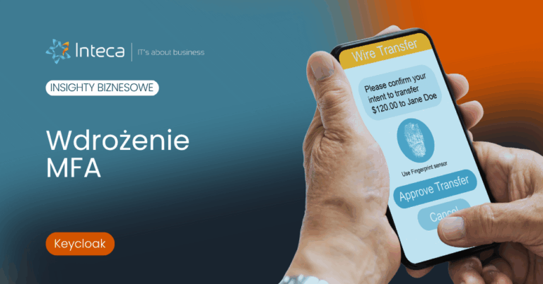 Hand holding a phone showing a fingerprint verification screen for a wire transfer on a blue gradient background, MFA article theme