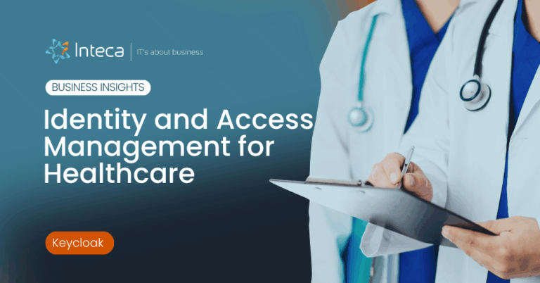 Banner showing a clinician with a clipboard and stethoscope; title 'Identity and Access Management for Healthcare'.